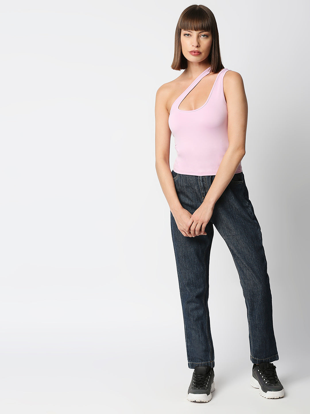 Disrupt Women Pink One-Shoulder Cut-Out Square Neck Slim Crop Top