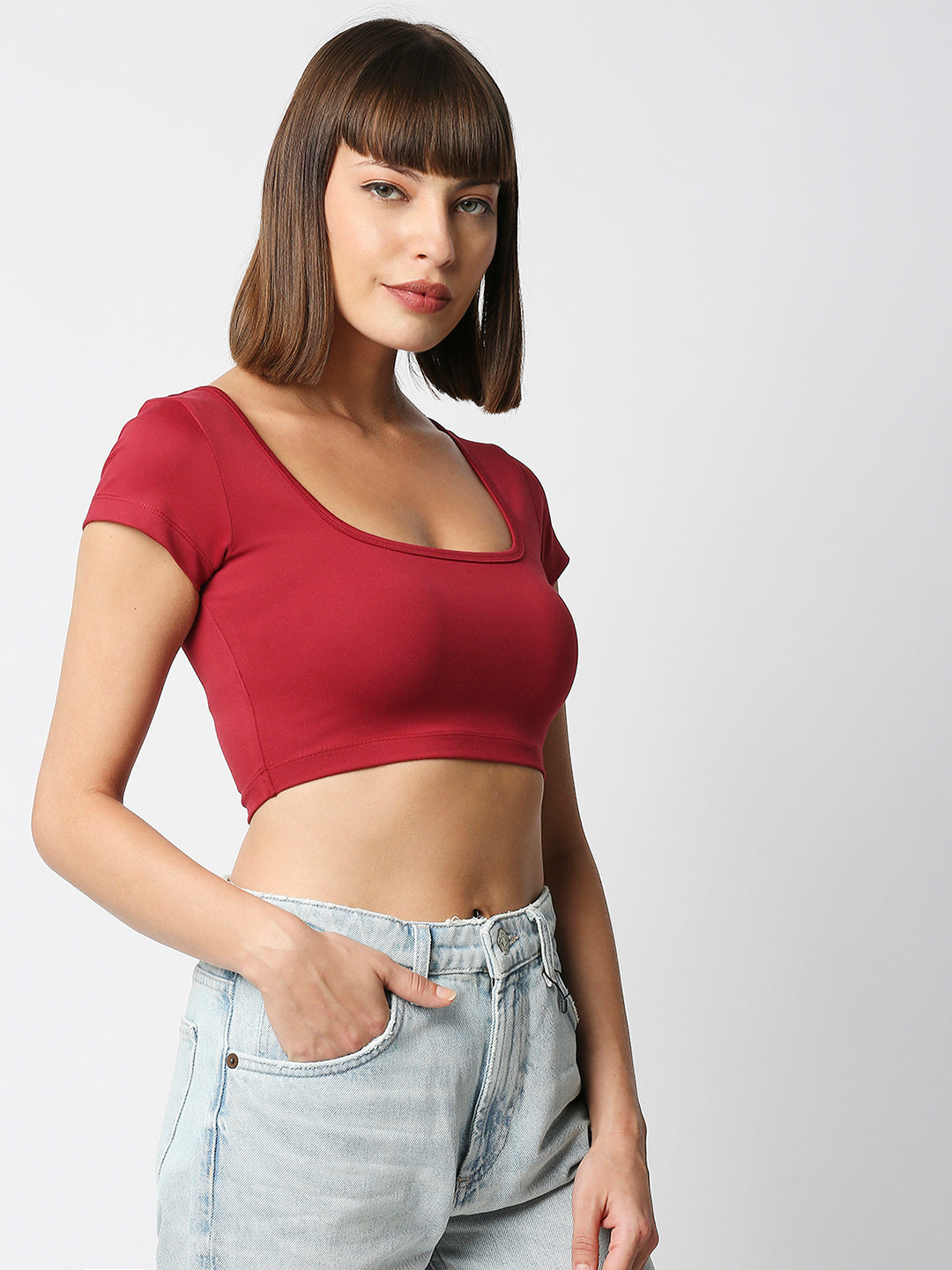 Disrupt Women Maroon Box Neck Slim Fit Smart Crop Top