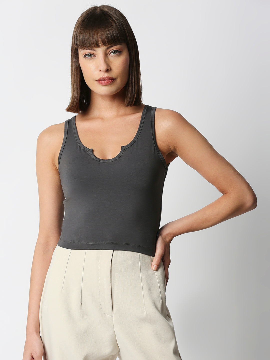 Disrupt Women Sleeveless Grey Scoop Neck Slim Crop Top