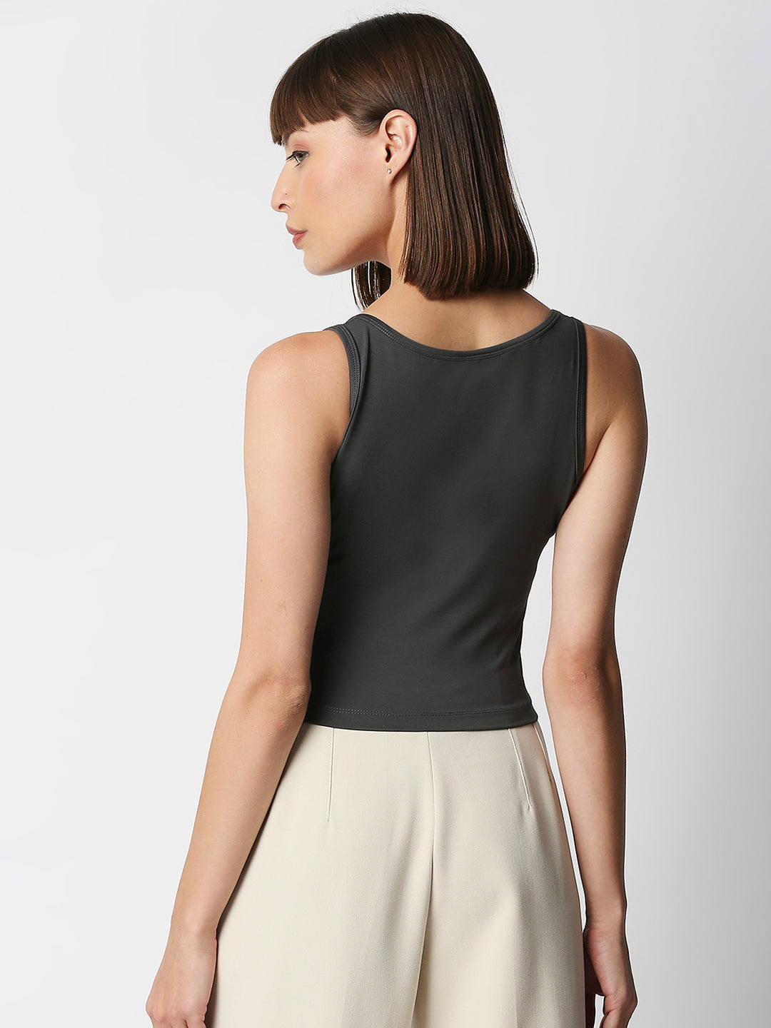 Disrupt Women Sleeveless Grey Scoop Neck Slim Crop Top