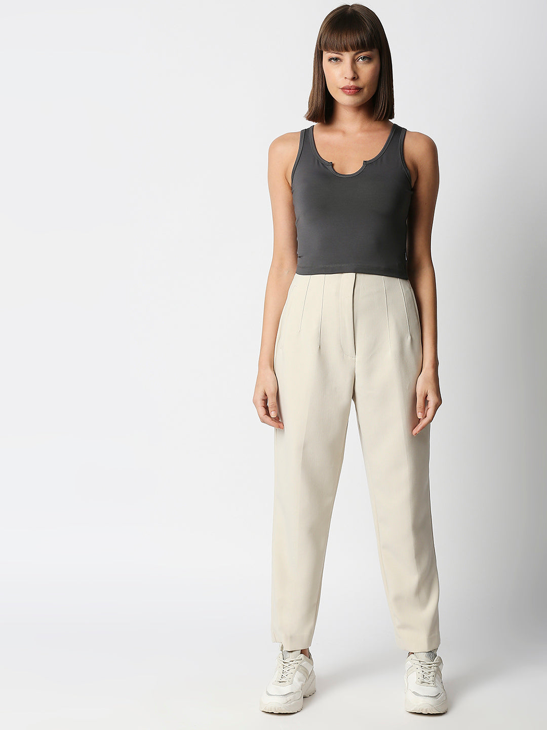 Disrupt Women Sleeveless Grey Scoop Neck Slim Crop Top