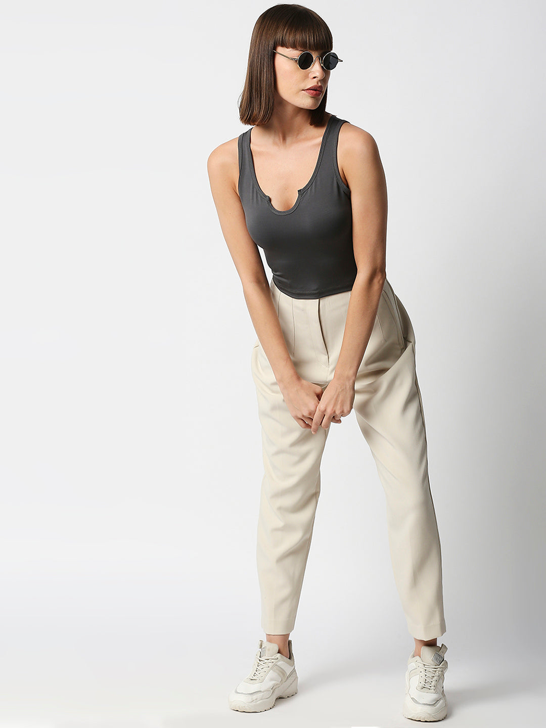 Disrupt Women Sleeveless Grey Scoop Neck Slim Crop Top