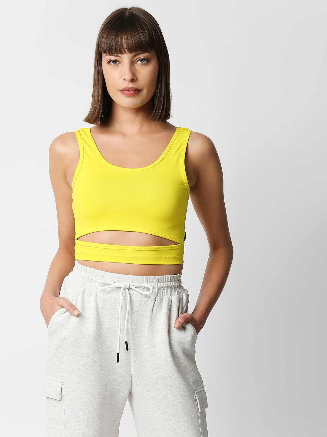 Disrupt Women Sleeveless Yellow Scoop Neck Slim Crop Top