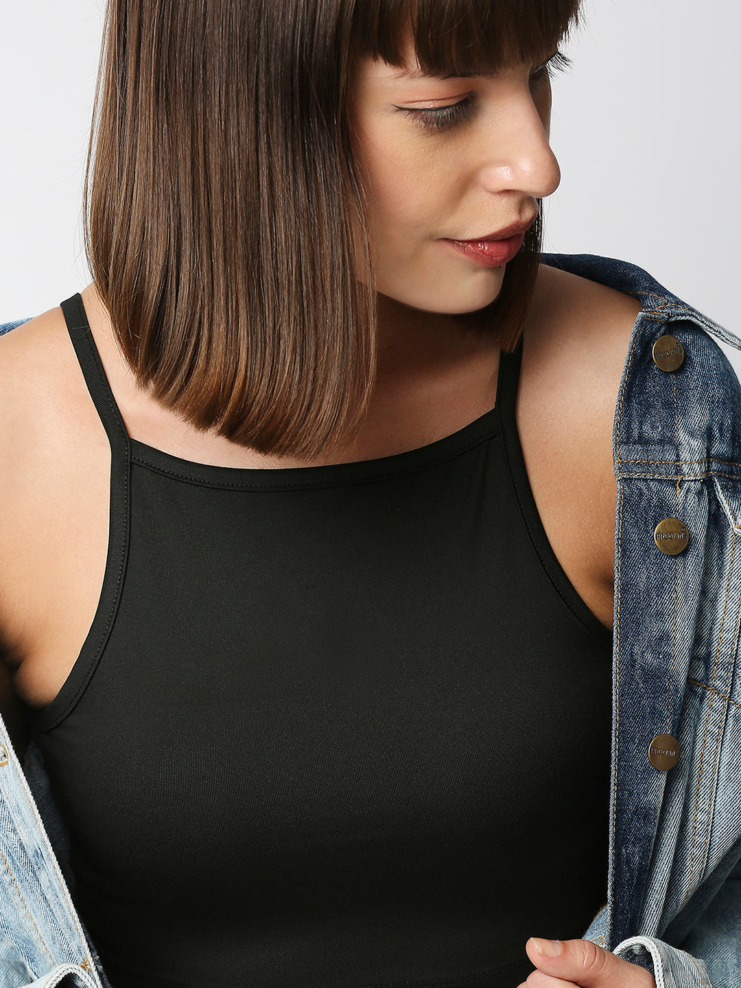 Disrupt Women Black Spaghetti Square Neck Slim Crop Top