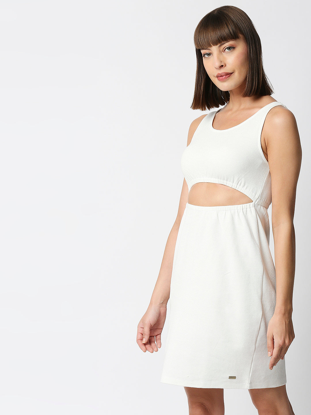 Disrupt Women Front Cut-Out White Regular Fit Dress In Jacquard