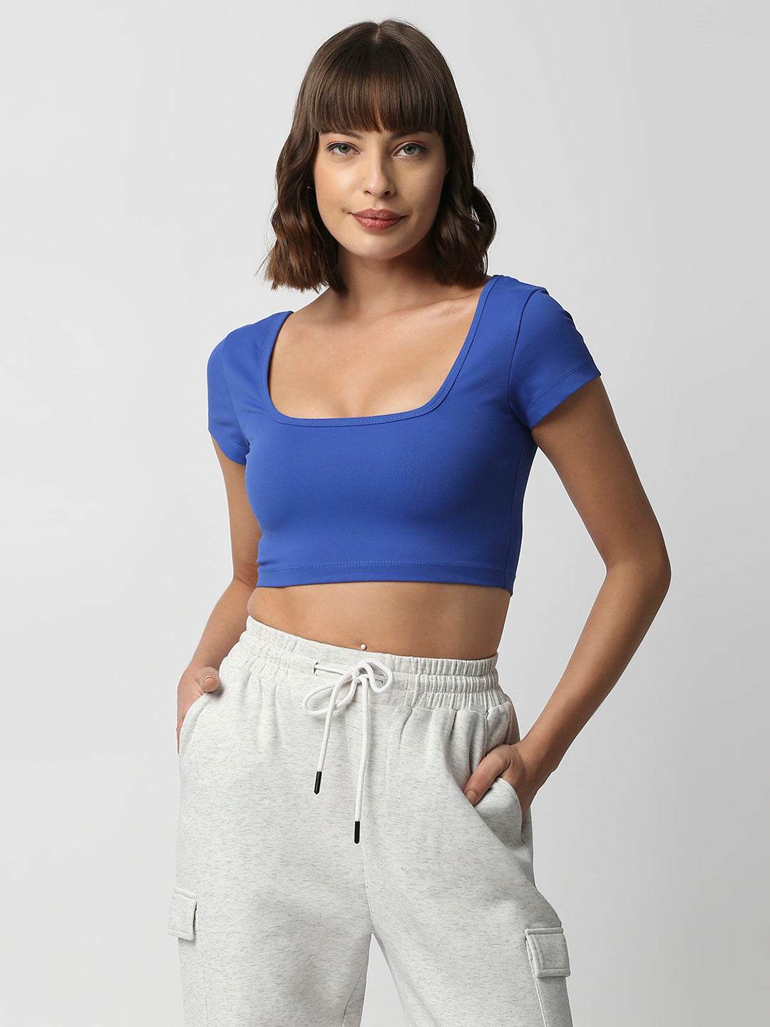 Disrupt Women Royal Blue Box Neck Slim Fit Smart Crop Top