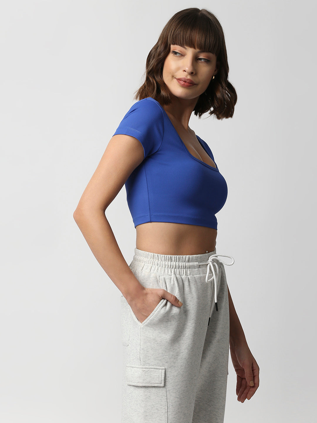 Disrupt Women Royal Blue Box Neck Slim Fit Smart Crop Top