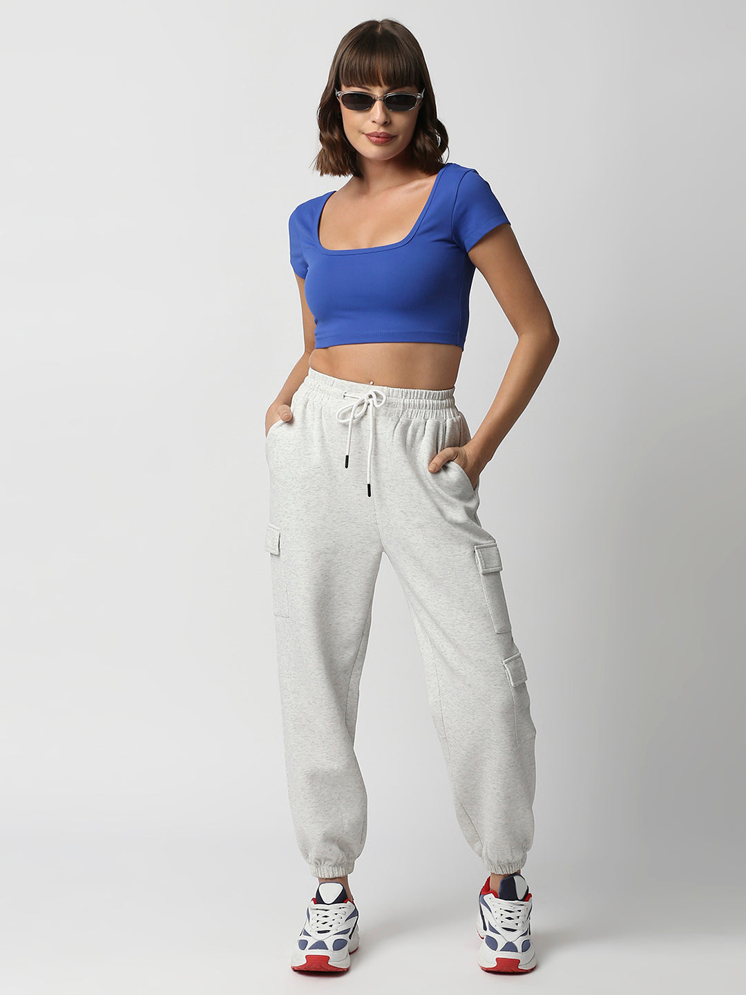 Disrupt Women Royal Blue Box Neck Slim Fit Smart Crop Top