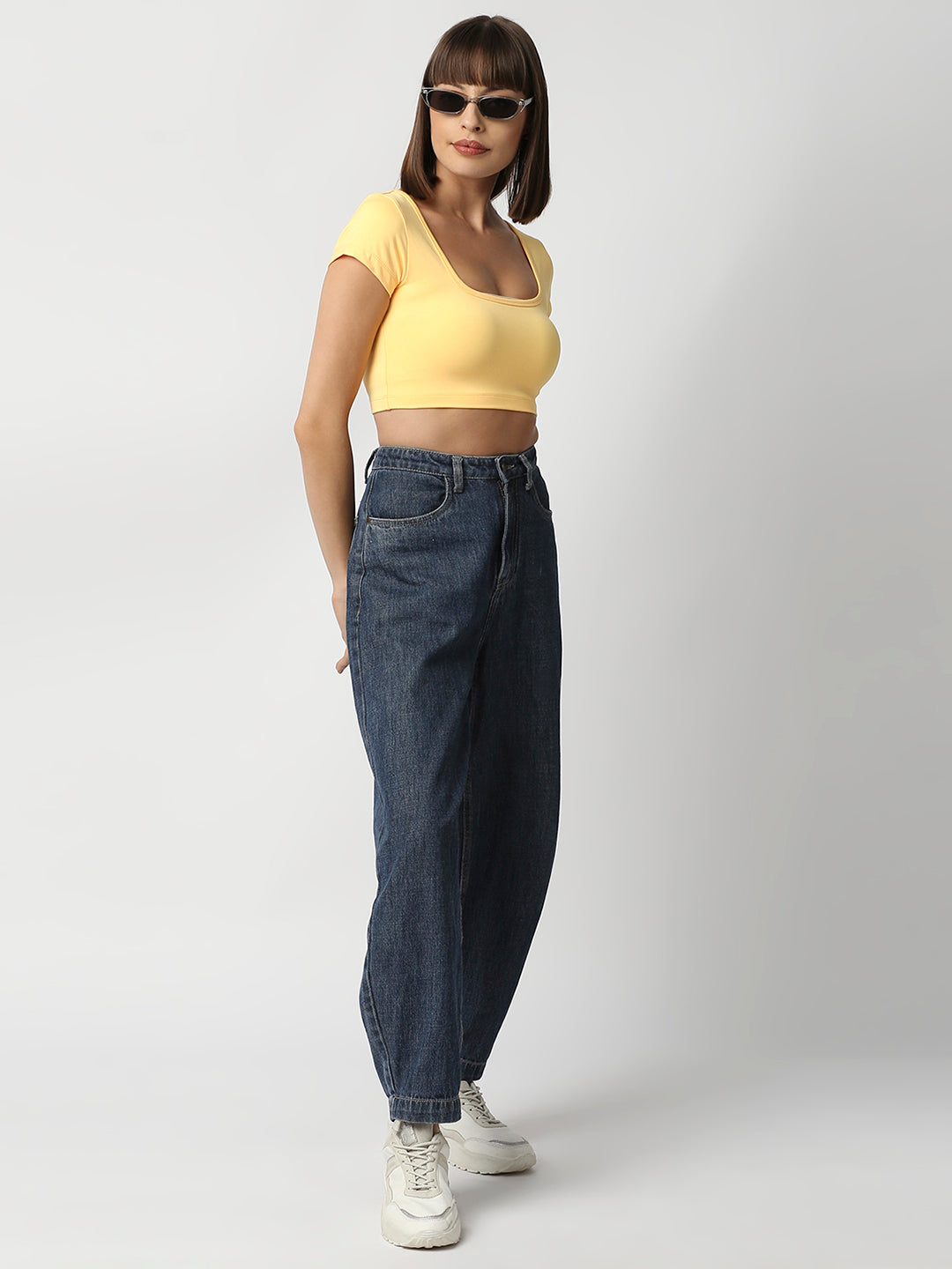 Disrupt Women Yellow Box Neck Slim Fit Smart Crop Top