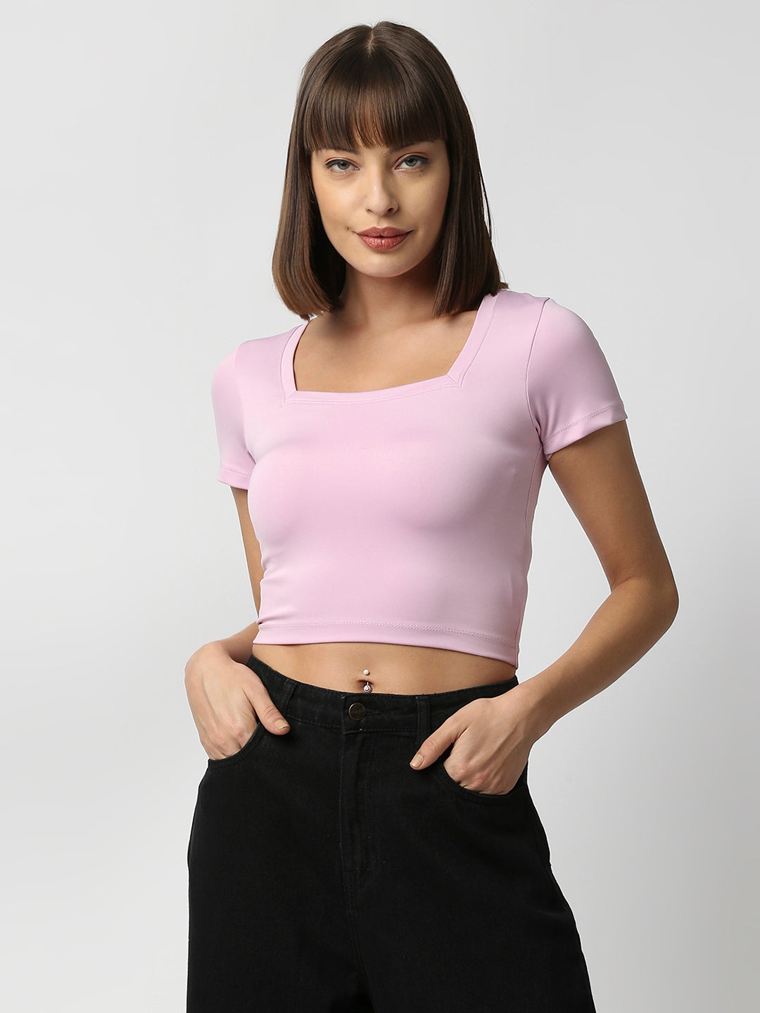 Disrupt Women Light Pink Square Neck Slim Fit Crop Top