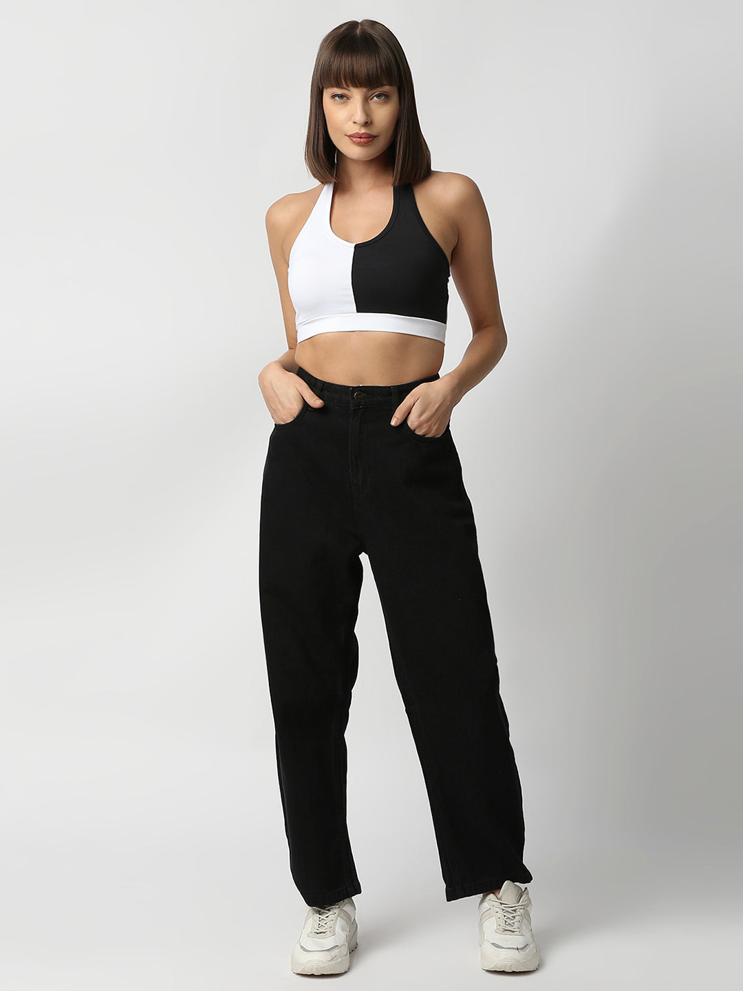 Disrupt Women Black and White Halter Neck Slim Fit Crop Top