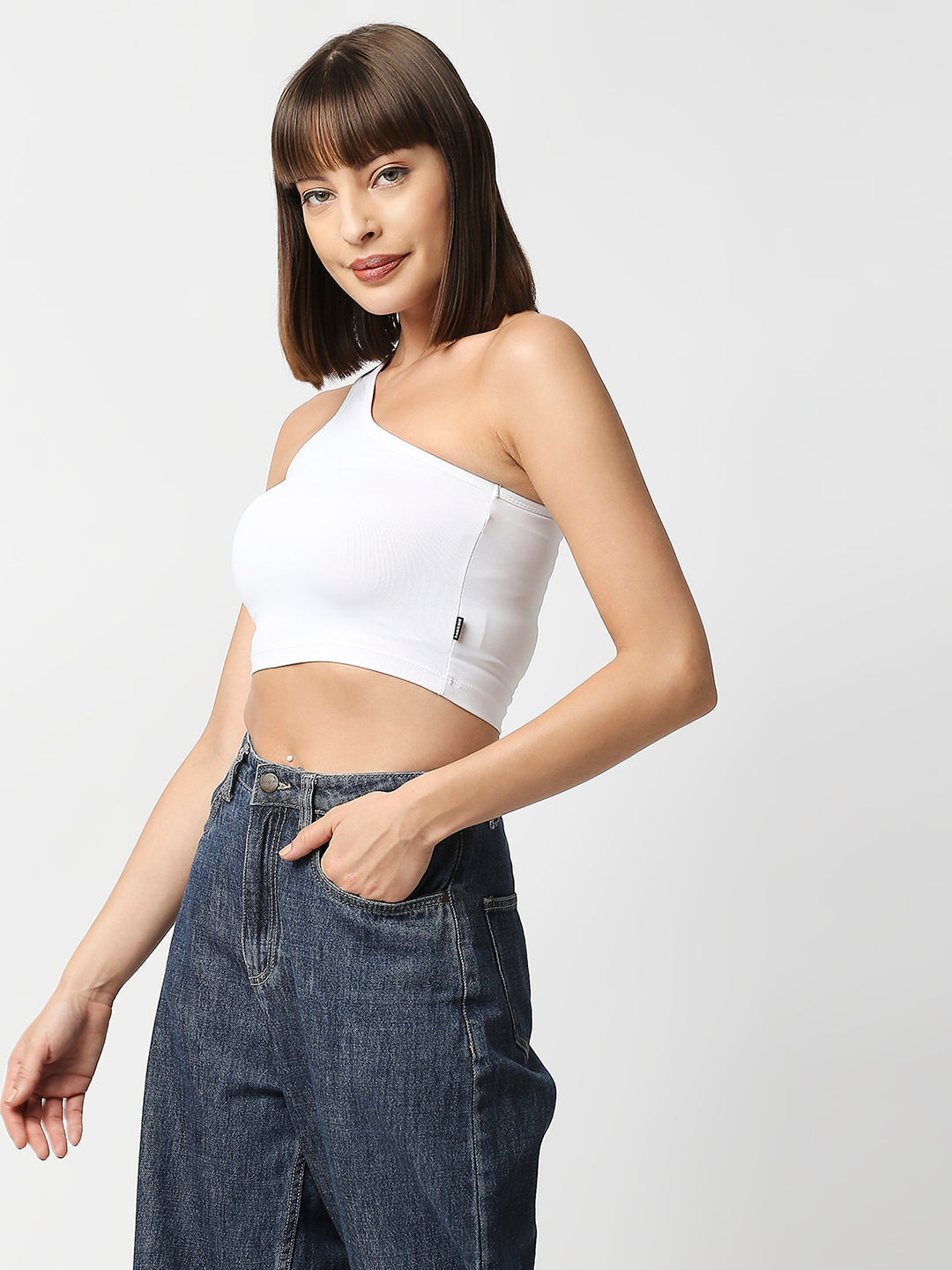 Disrupt Women White One Shoulder Slim Fit Crop Top