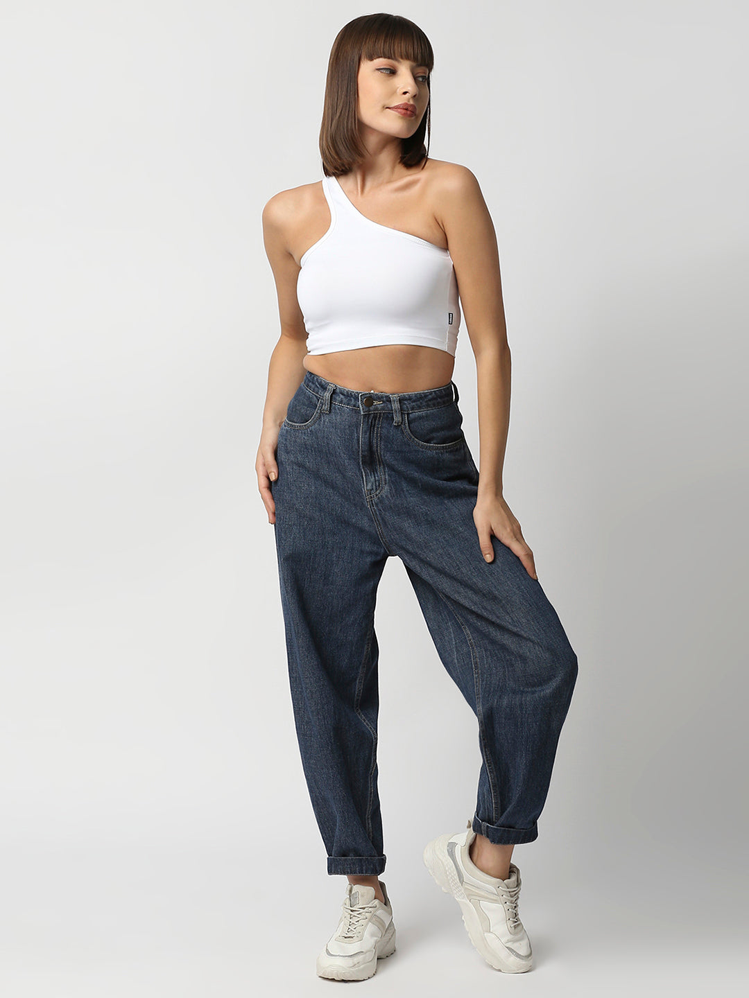 Disrupt Women White One Shoulder Slim Fit Crop Top