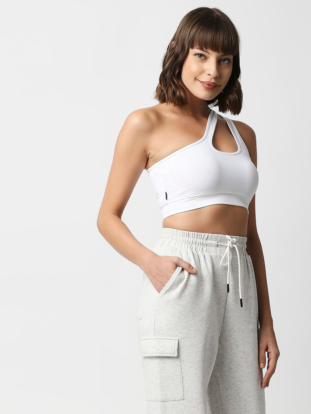 Disrupt Women White Super Crop Cut-Out Shoulder Slim Fit Crop Top