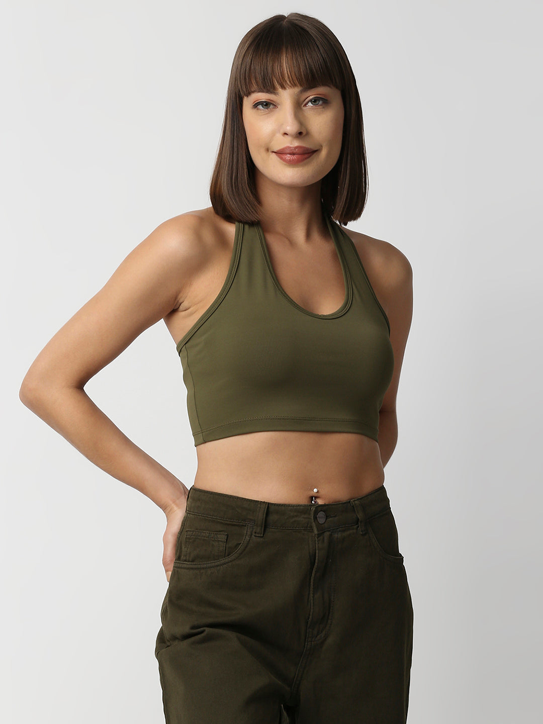 Disrupt Women Olive Halter Neck Slim Fit Crop Top