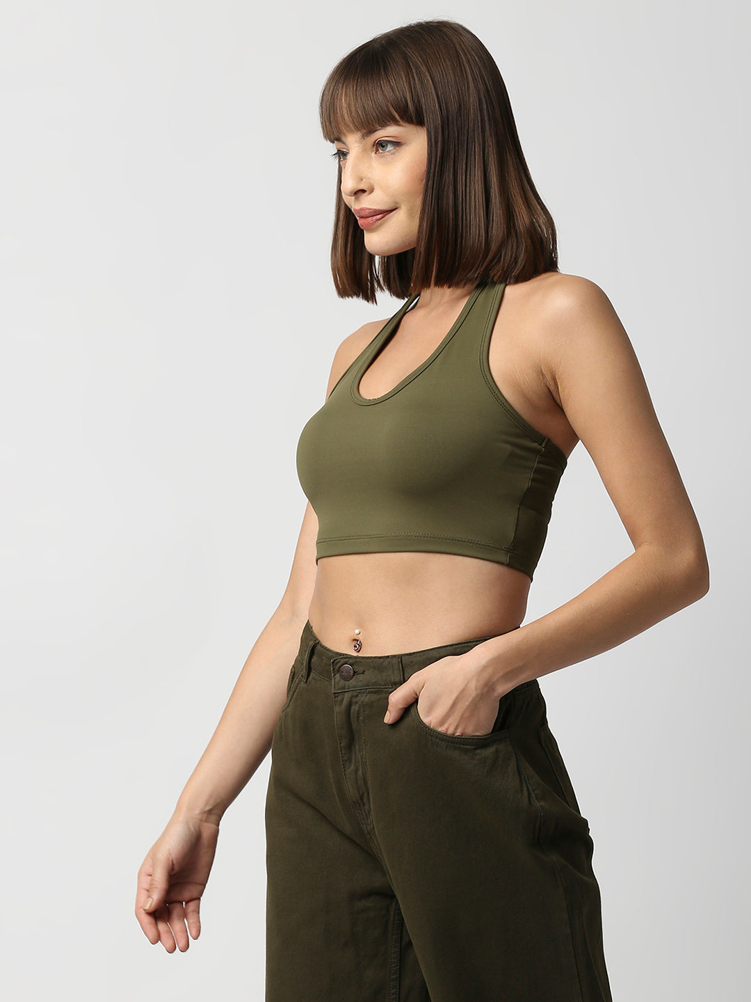 Disrupt Women Olive Halter Neck Slim Fit Crop Top