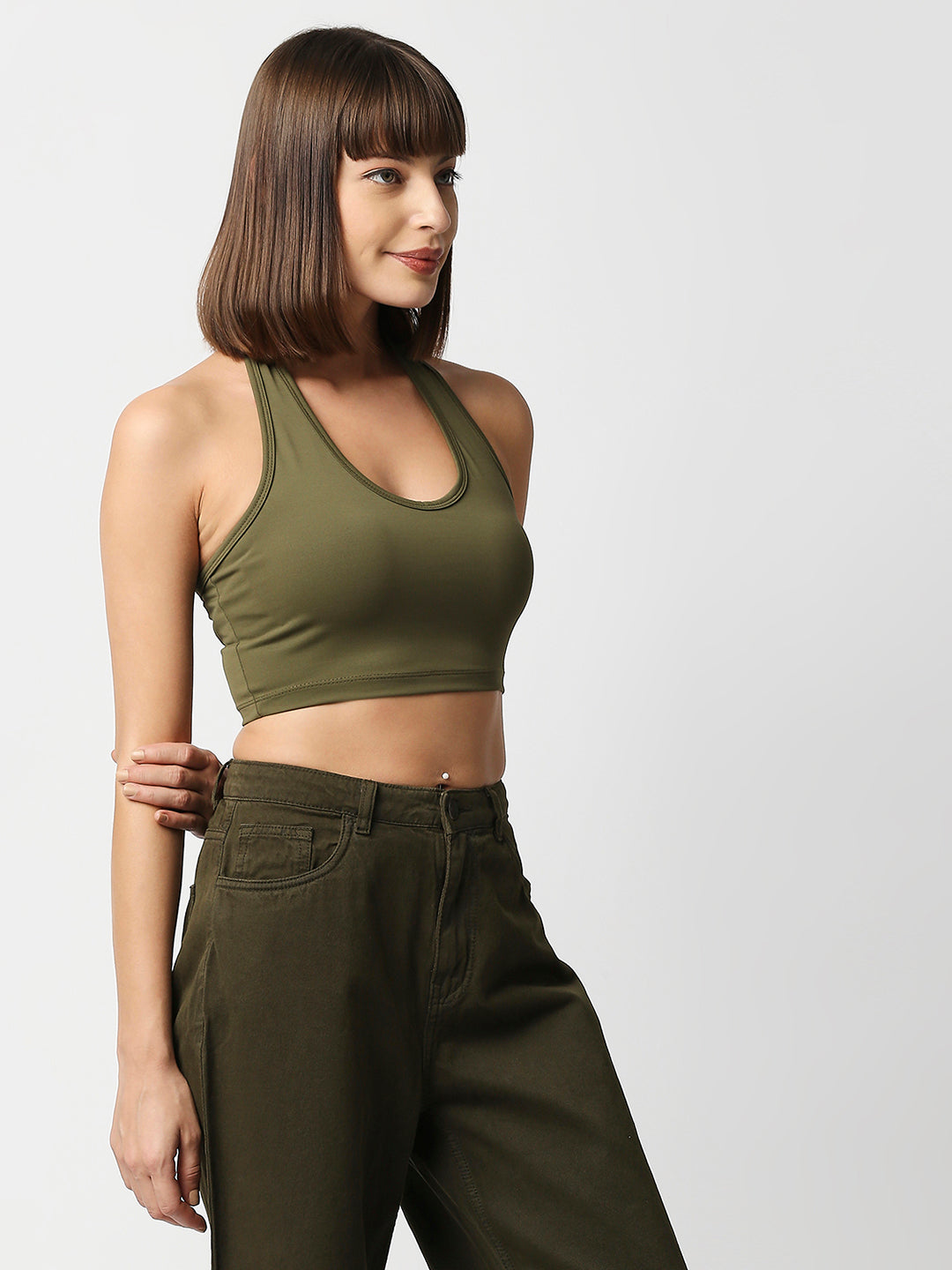 Disrupt Women Olive Halter Neck Slim Fit Crop Top