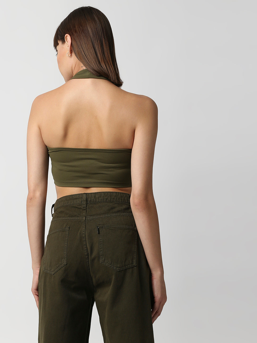 Disrupt Women Olive Halter Neck Slim Fit Crop Top