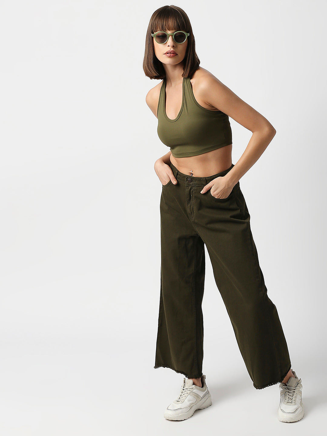 Disrupt Women Olive Halter Neck Slim Fit Crop Top