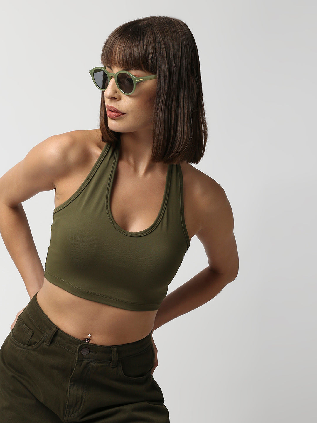Disrupt Women Olive Halter Neck Slim Fit Crop Top