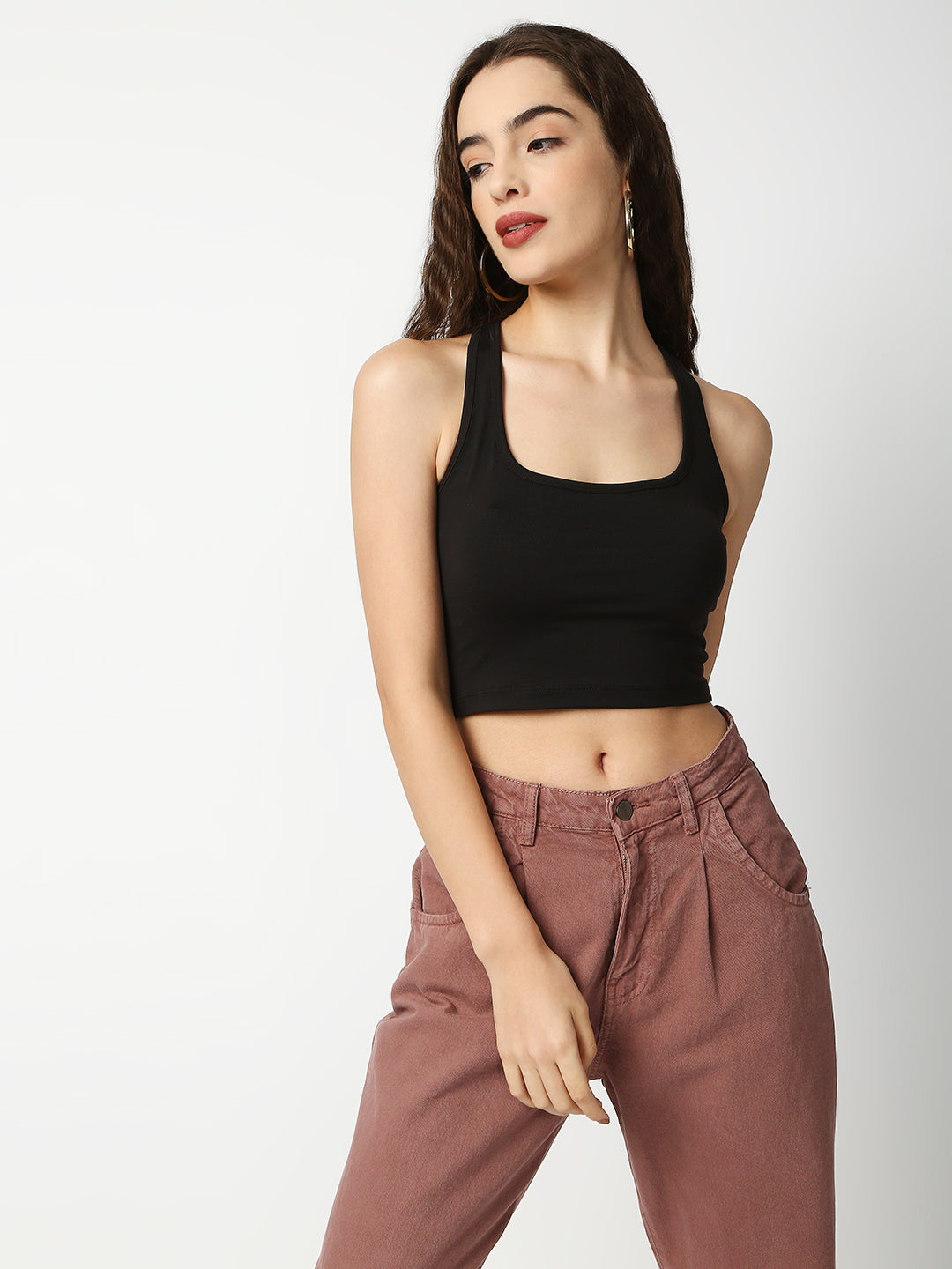 Disrupt Women Black Criss Cross Back Scoop Neck Slim Crop Top