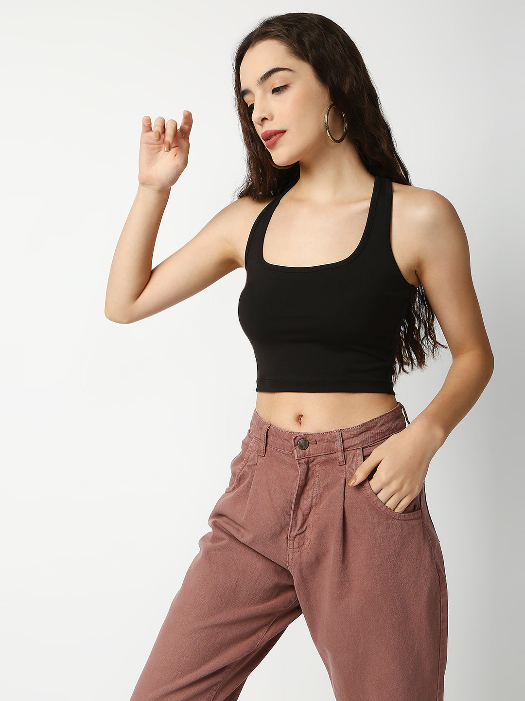 Disrupt Women Black Criss Cross Back Scoop Neck Slim Crop Top