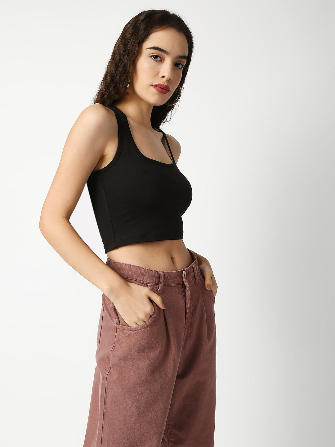 Disrupt Women Black Criss Cross Back Scoop Neck Slim Crop Top