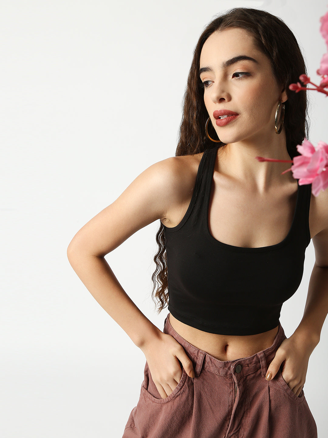Disrupt Women Black Criss Cross Back Scoop Neck Slim Crop Top