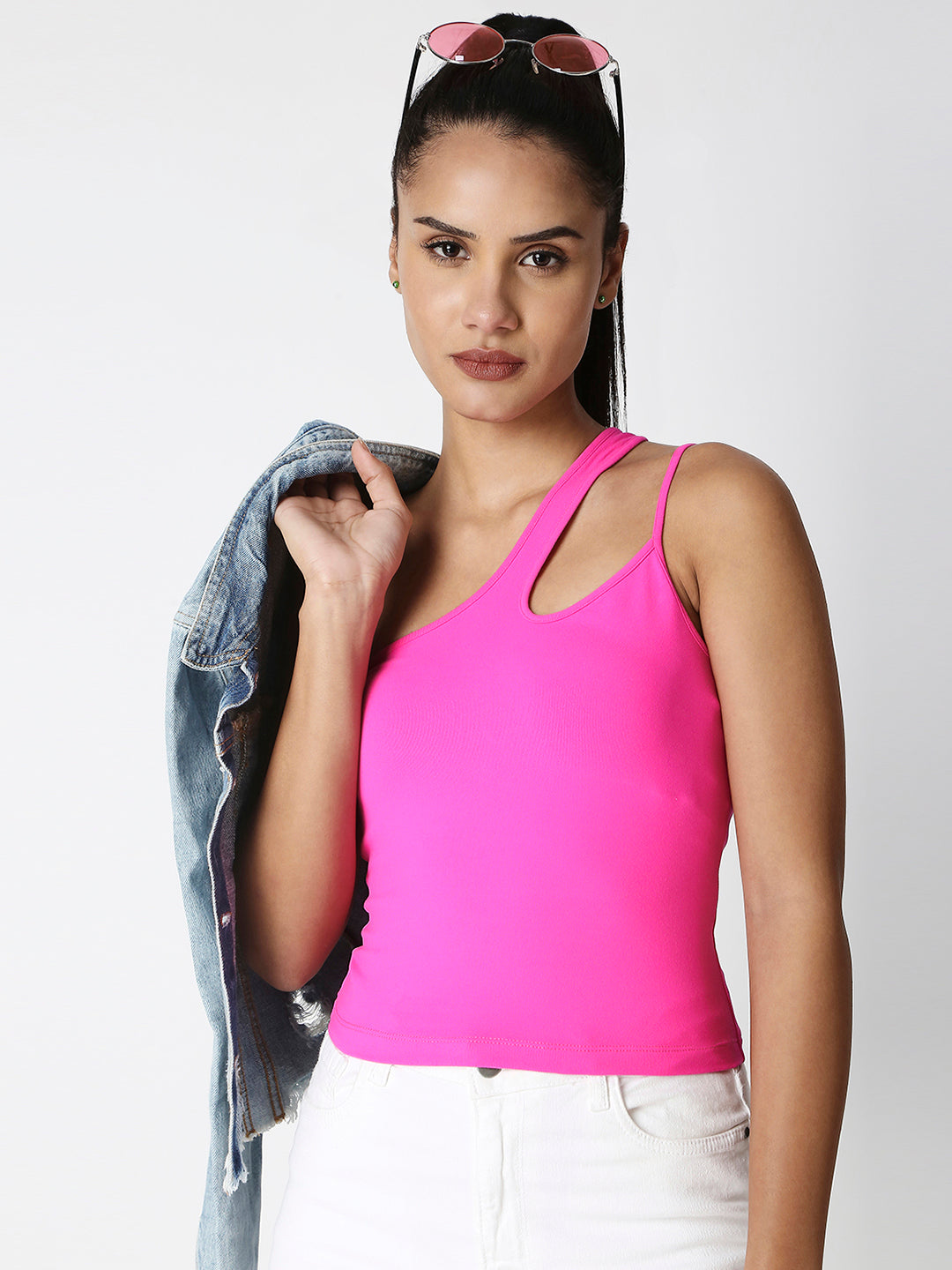 Disrupt Women Pink One-Shoulder Cut-Out Spaghetti Slim Crop Top