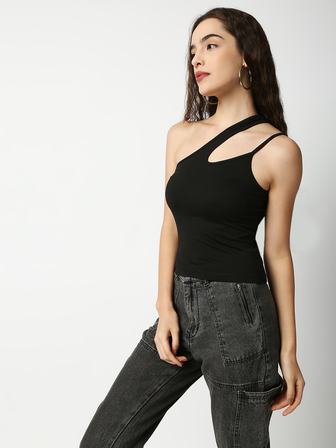 Disrupt Women Black One-Shoulder Cut-Out Spaghetti Slim Crop Top
