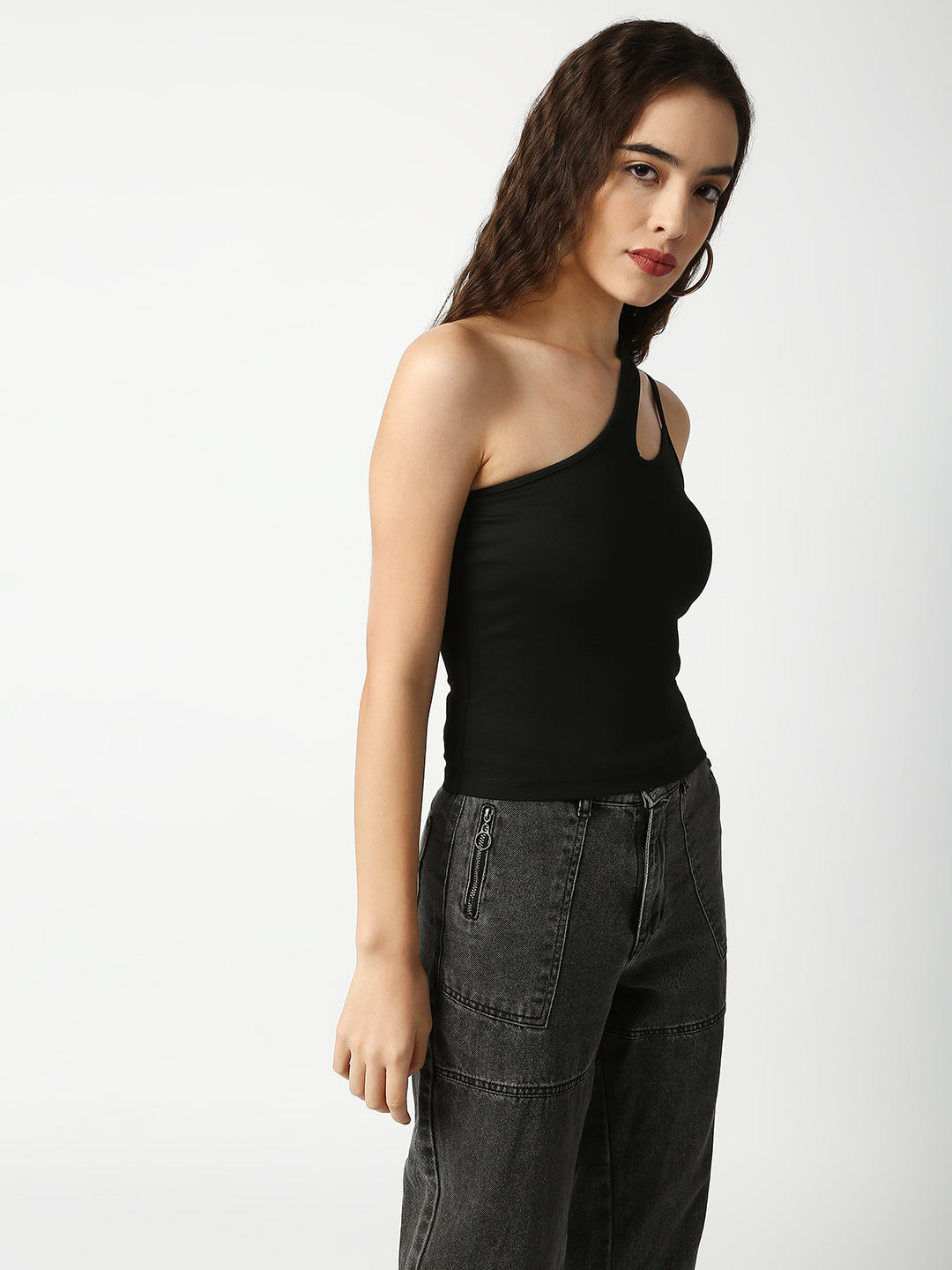 Disrupt Women Black One-Shoulder Cut-Out Spaghetti Slim Crop Top