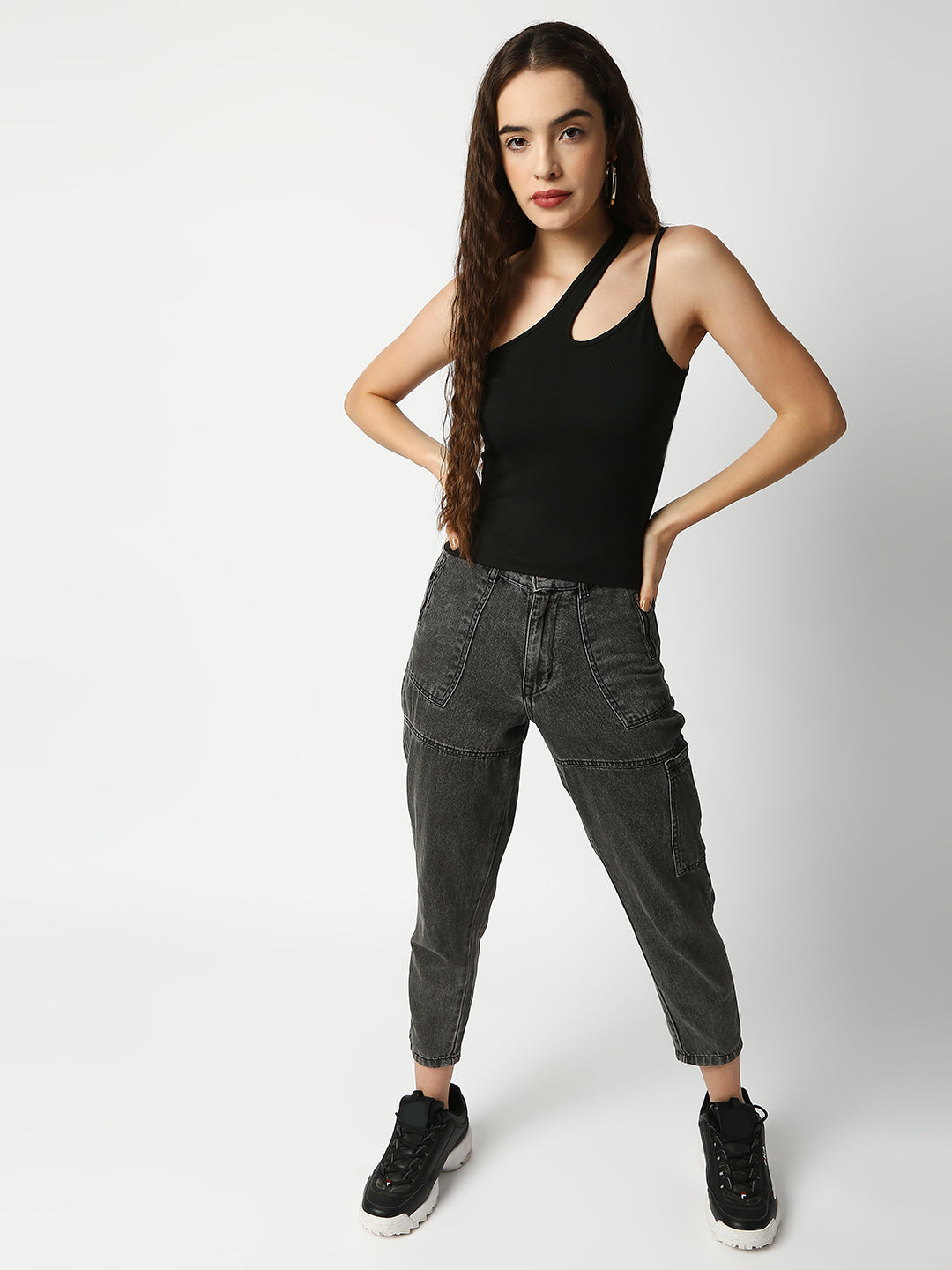 Disrupt Women Black One-Shoulder Cut-Out Spaghetti Slim Crop Top