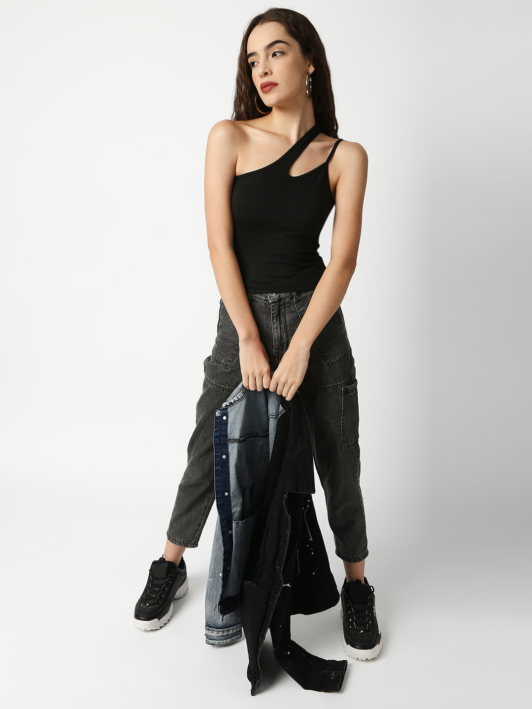 Disrupt Women Black One-Shoulder Cut-Out Spaghetti Slim Crop Top