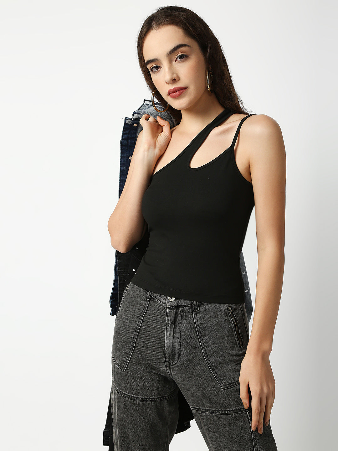 Disrupt Women Black One-Shoulder Cut-Out Spaghetti Slim Crop Top