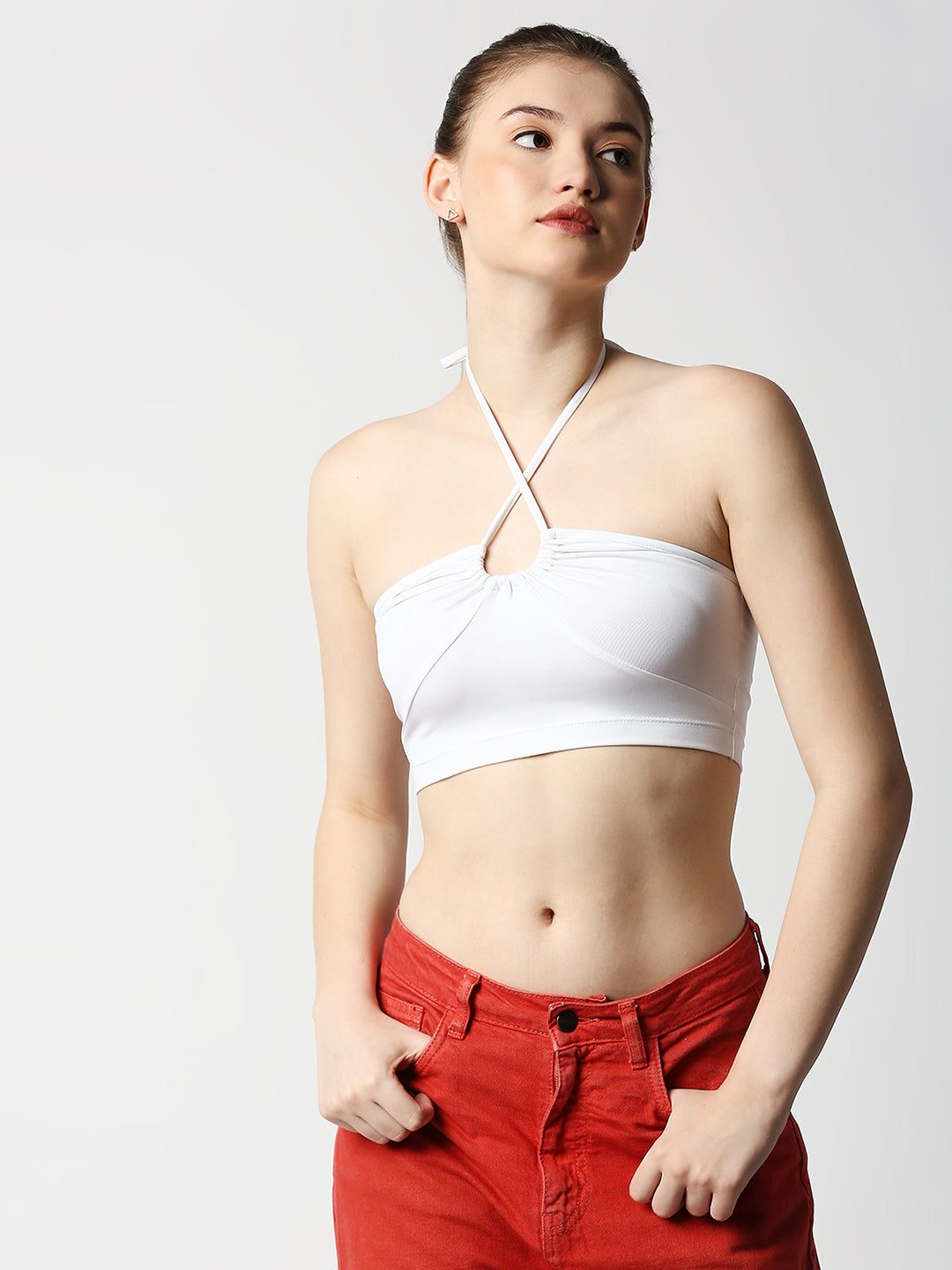 Disrupt Women White Rouched Cross Front Halter Neck Tie-Up Crop Top