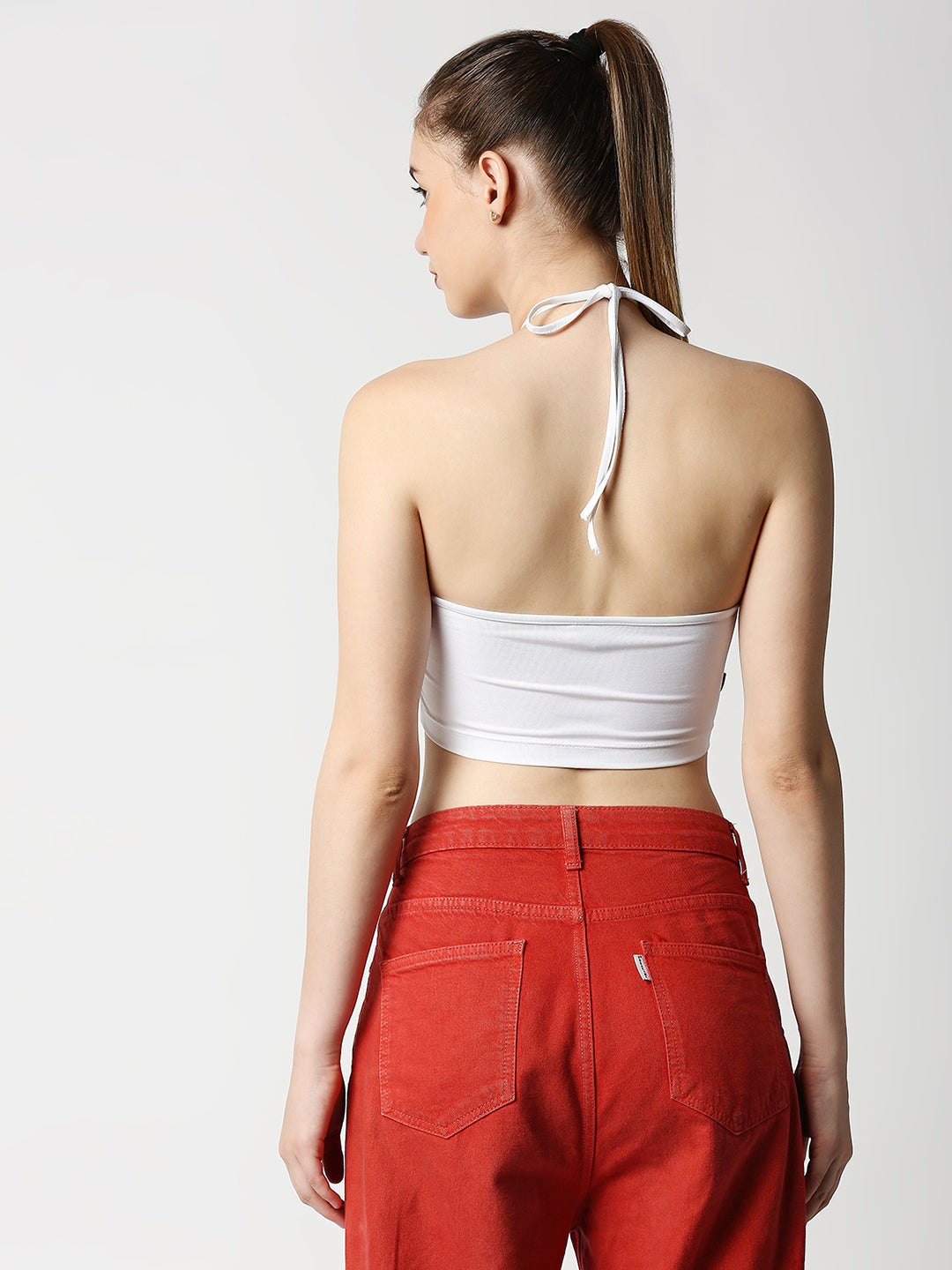 Disrupt Women White Rouched Cross Front Halter Neck Tie-Up Crop Top