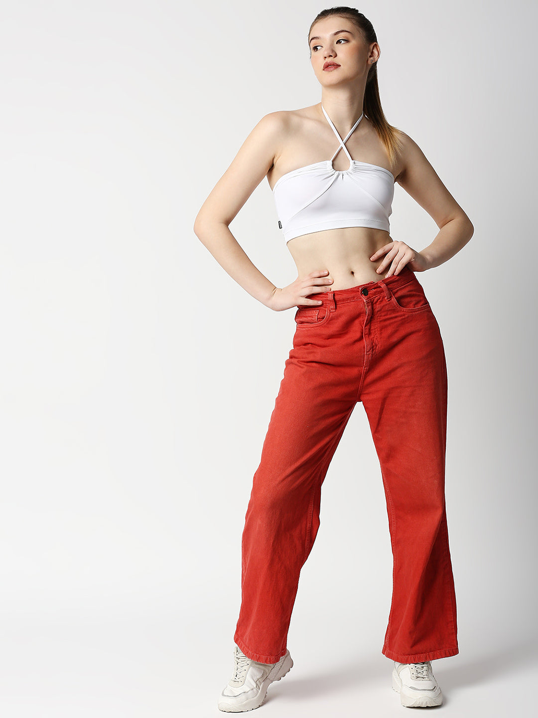 Disrupt Women White Rouched Cross Front Halter Neck Tie-Up Crop Top