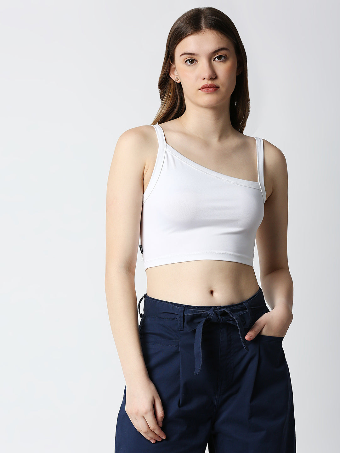 Disrupt Women White Slant Neckline Trendy Slim Fit Sleeveless Crop Top