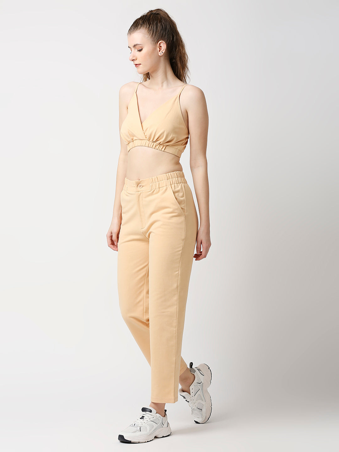 Disrupt Women Beige Straight Pants With Bralette Crop Top Co-rd Set (2pc)