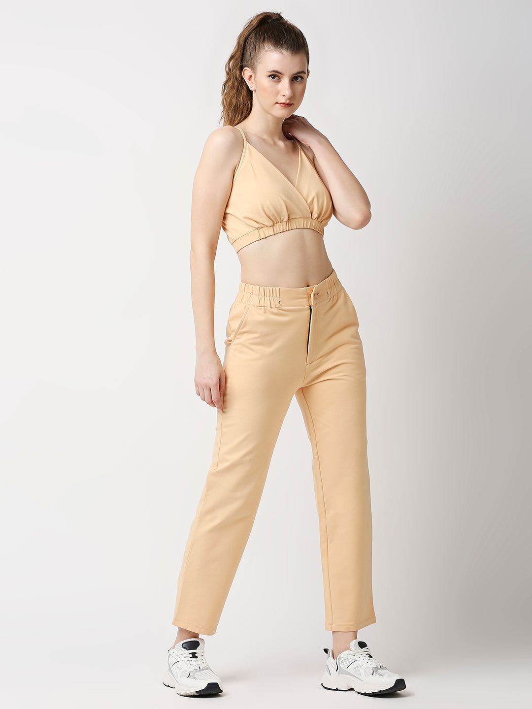 Disrupt Women Beige Straight Pants With Bralette Crop Top Co-rd Set (2pc)