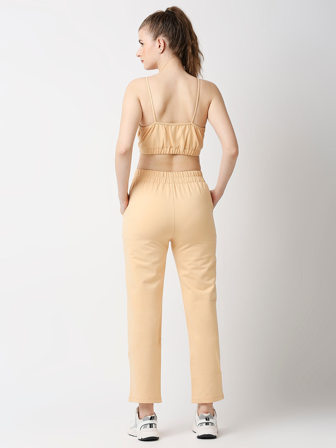 Disrupt Women Beige Straight Pants With Bralette Crop Top Co-rd Set (2pc)