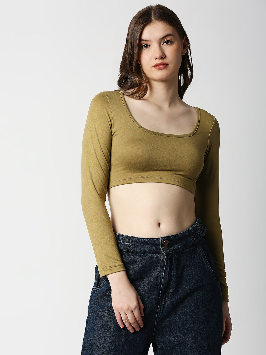 Disrupt Women Beige Classy Long Sleeve Slim Fit Crop Top