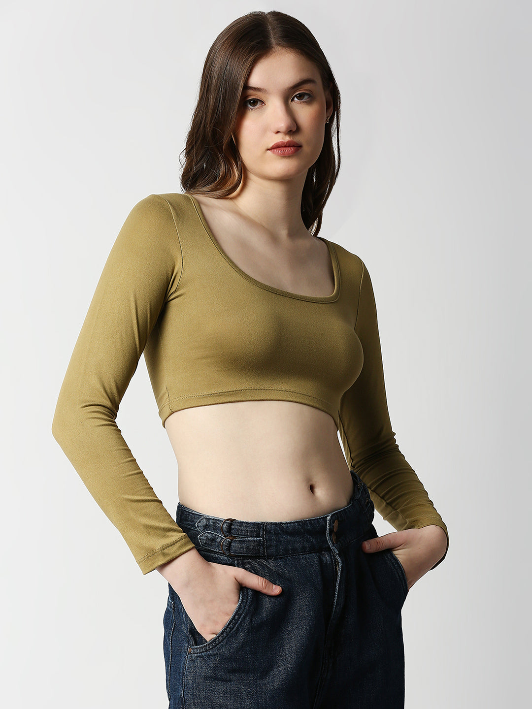 Disrupt Women Beige Classy Long Sleeve Slim Fit Crop Top