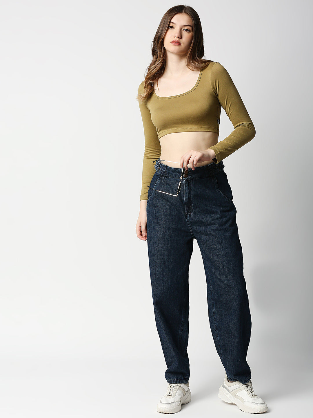 Disrupt Women Beige Classy Long Sleeve Slim Fit Crop Top