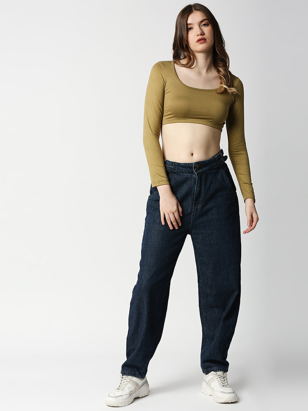 Disrupt Women Beige Classy Long Sleeve Slim Fit Crop Top