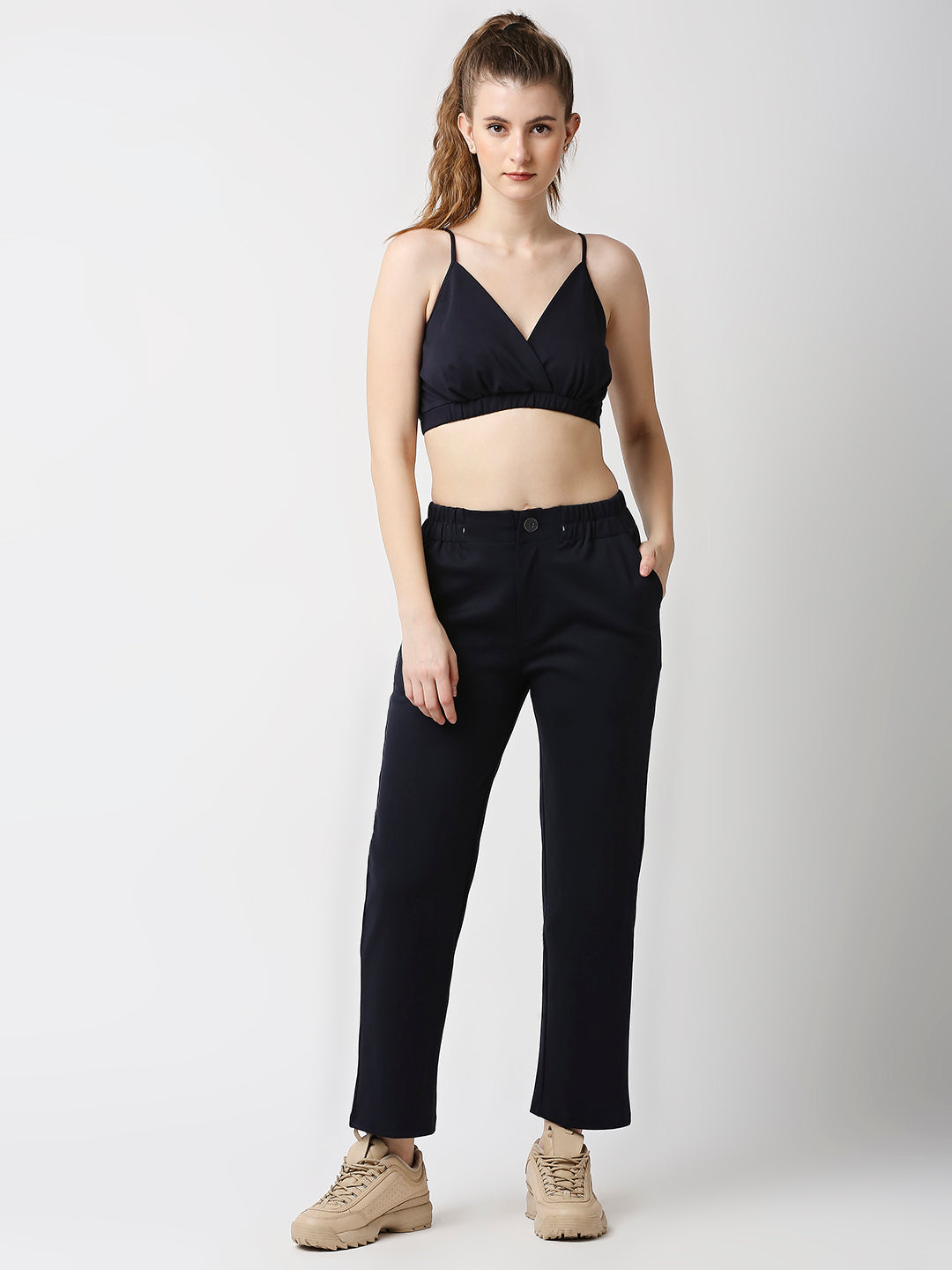 Disrupt Women Navy Straight Pants With Bralette Crop Top Co-rd Set (2pc)