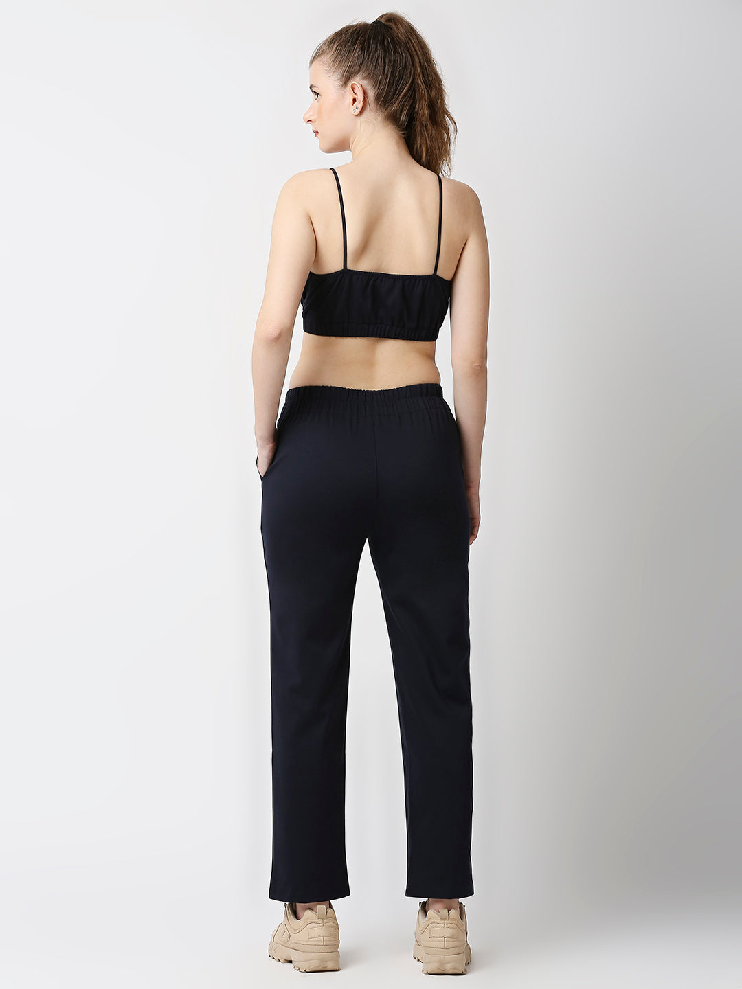 Disrupt Women Navy Straight Pants With Bralette Crop Top Co-rd Set (2pc)