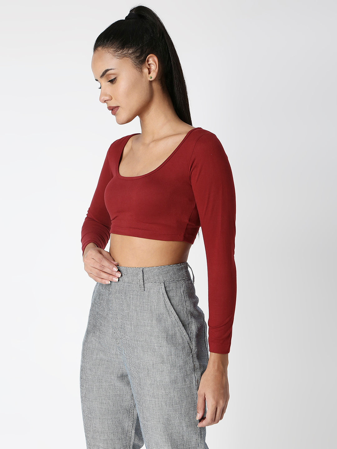 Disrupt Women Maroon Classy Long Sleeve Slim Fit Crop Top