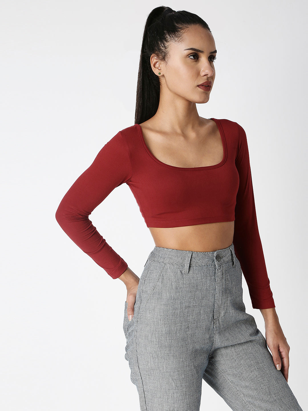 Disrupt Women Maroon Classy Long Sleeve Slim Fit Crop Top