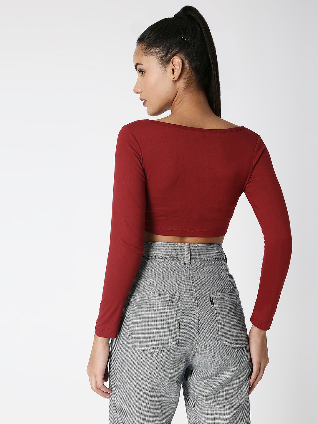 Disrupt Women Maroon Classy Long Sleeve Slim Fit Crop Top